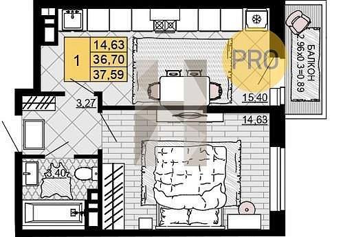 1 квартира ЖК Дружба Майкоп площадь 37.59 м2 кухня 15.4 м2 на 7 этаже номер124