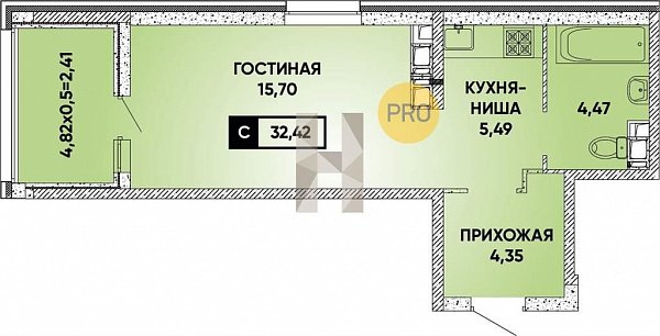 Студия квартира ЖК Архитектор Краснодар площадь 32.42 м2 кухня 5.49 м2 на 11 этаже номер133