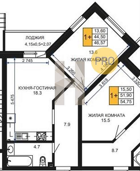 1 квартира ЖК Сегодня Краснодар площадь 46.57 м2 кухня 18.3 м2 на 1 этаже номер132