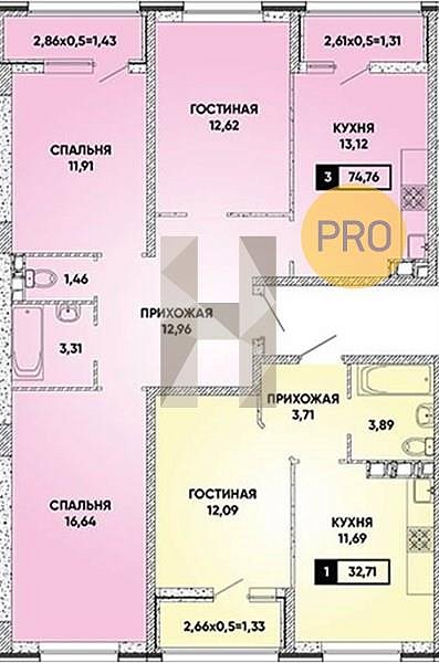 3 квартира ЖК Архитектор Краснодар площадь 74.76 м2 кухня 13.12 м2 на 3 этаже номер192
