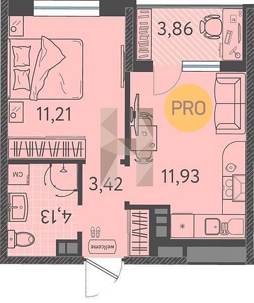 1 квартира ЖК Друзья Краснодар площадь 32.62 м2 кухня 11.93 м2 на 2 этаже номер6