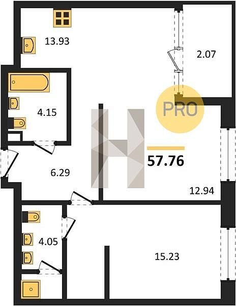 2 квартира ЖК Патрики Краснодар площадь 57.76 м2 кухня 13.93 м2 на 2 этаже номер145