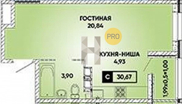 Студия квартира ЖК Архитектор Краснодар площадь 31.16 м2 кухня 4.93 м2 на 2 этаже номер42